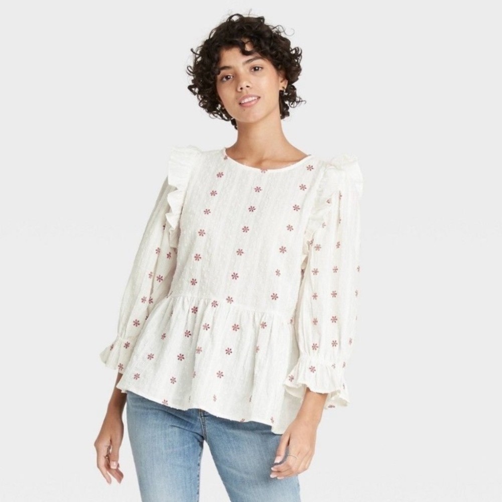 Universal Thread White Floral Embroidered Ruffle Puff Peplum Blouse Top Large L